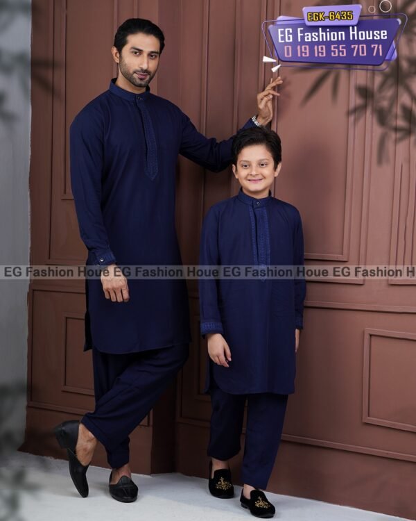 Father & Son Embroidery Kabli - Navy Blue