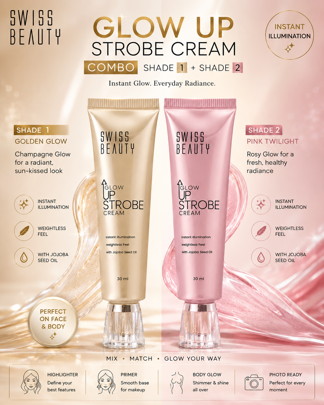 Swiss Beauty Glow Up Strobe Cream Swiss Beauty Glow Up 💫 Strobe Cream Combo 🌙 Moonlit Glow+ Pink Twilight 💫 - Image 1