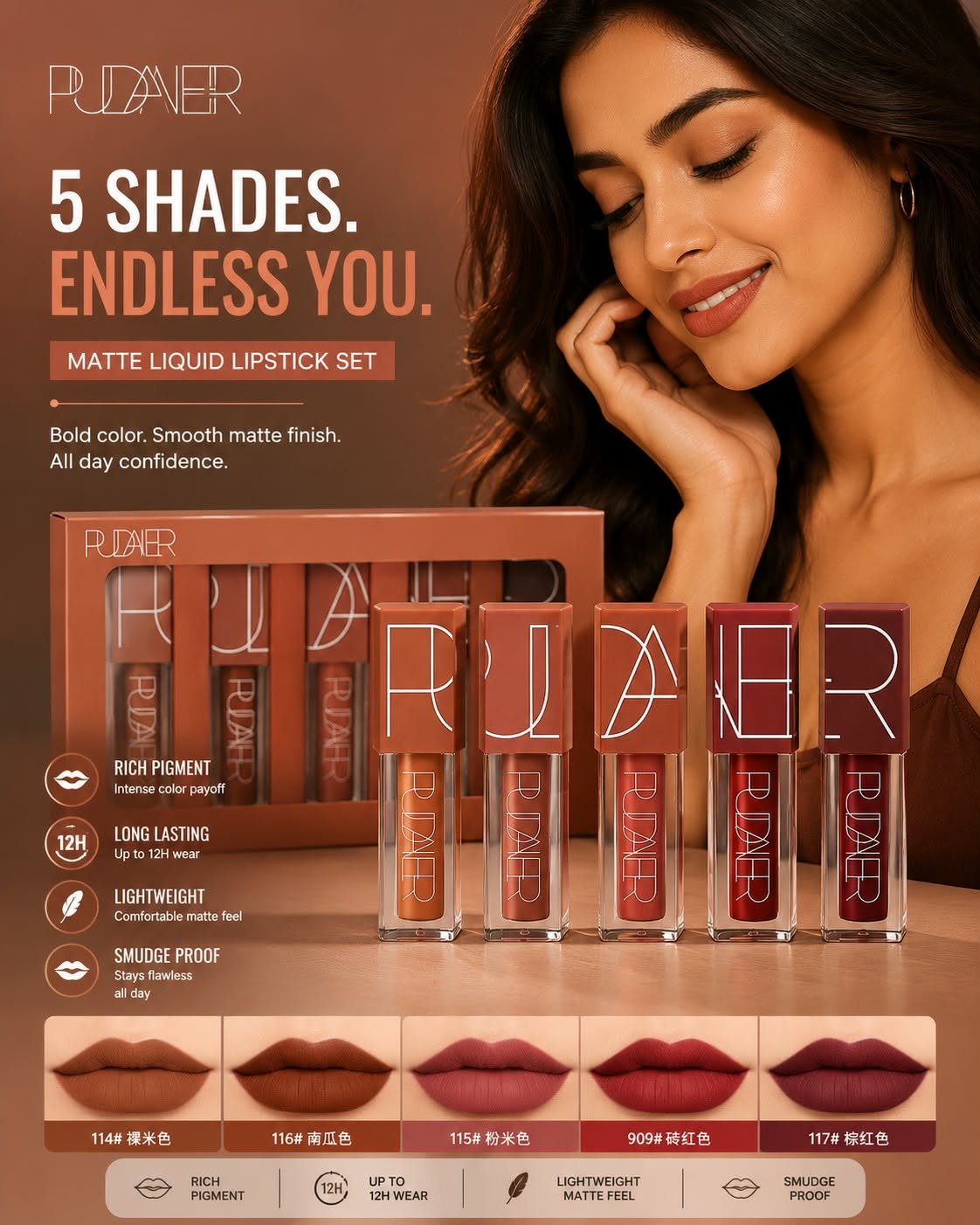 736172599_2021194471851068_6884611623539835473_n Pudaier 5 Shades Matte Liquid Lipstick Set 💄 - Image 1